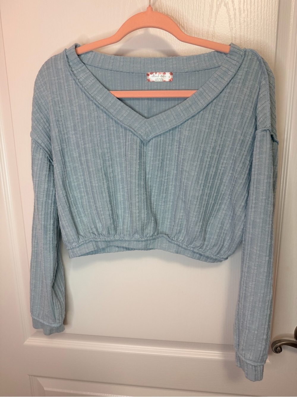 Altar'd State Powder Blue Ribbed V-Neck Cropped Top